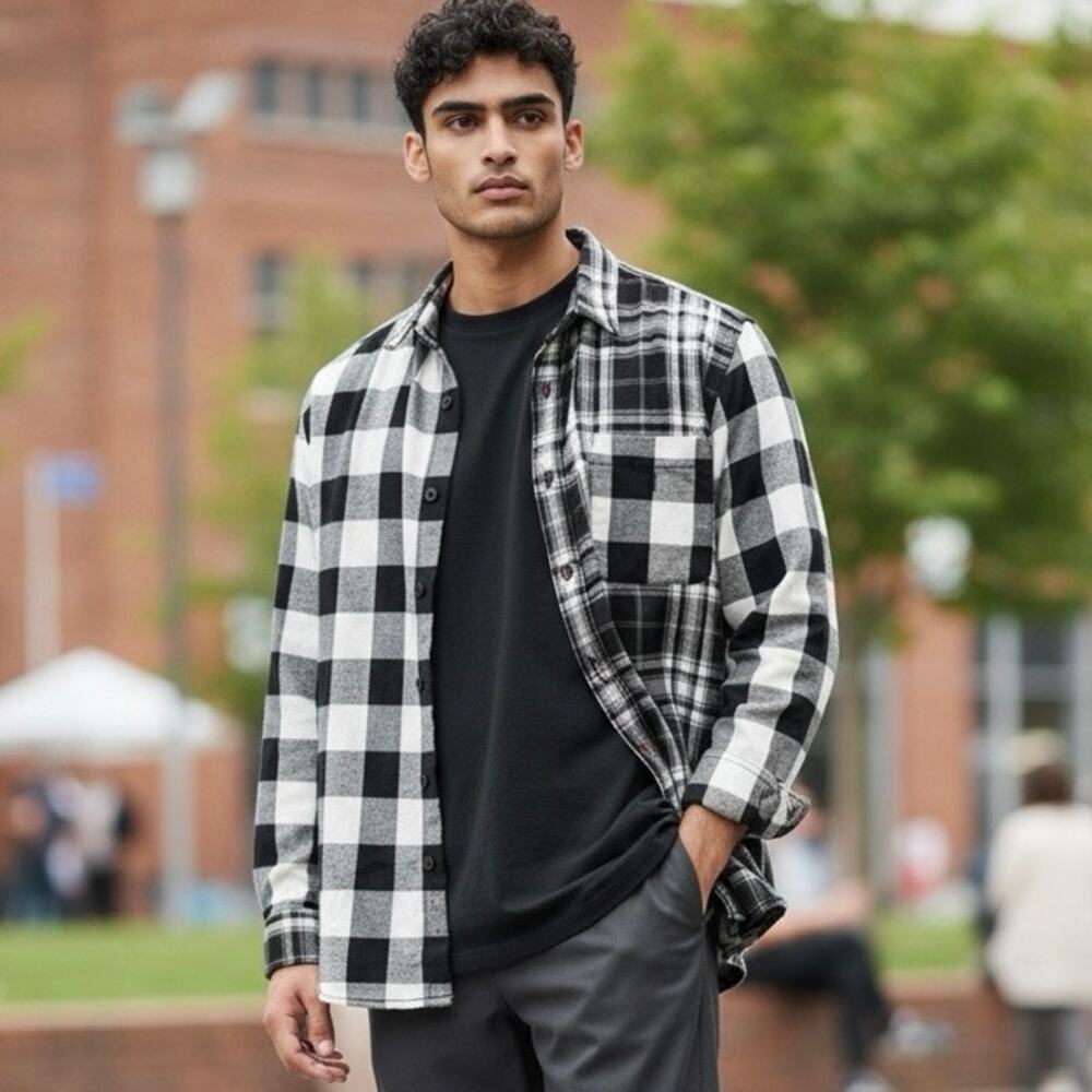 DRL Essentials Drill Clothing Co Mens Sz M Split Plaid Flannel Shirt Black White